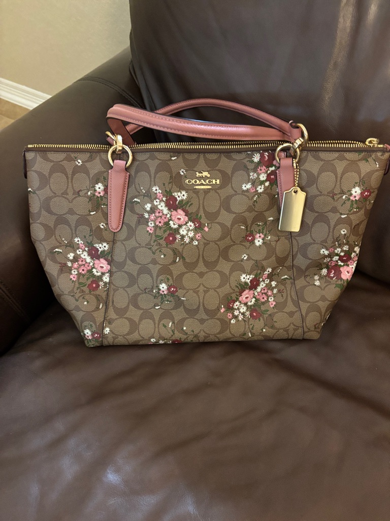 Coach Brown Signature Floral Tote With Pink Trim And Matching Pink Wallet